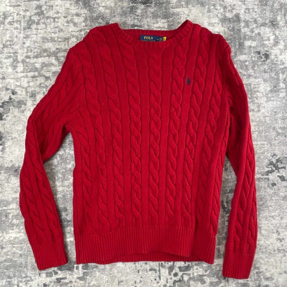 Polo Ralph Lauren Mens Medium Crewneck Sweater Cable Knit Red Cotton Grandpacore